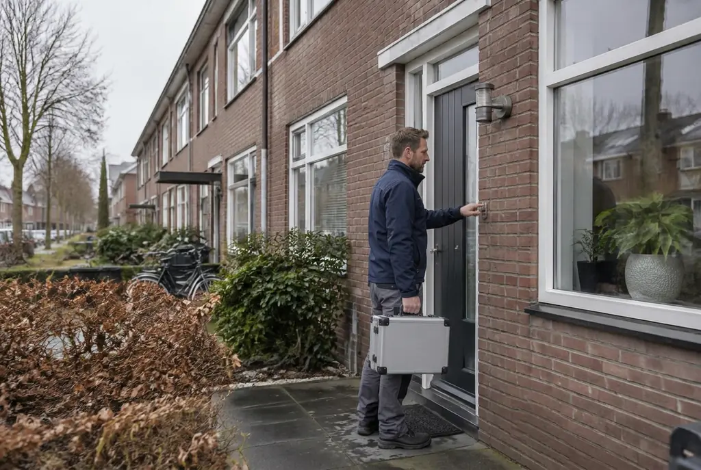 Lekdetectiespecialist met meetkoffer bij de voordeur van een woning in Doetinchem